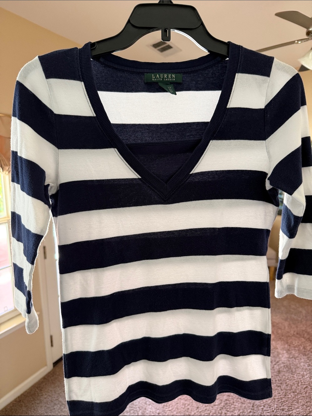 Lauren Ralph Lauren Navy and White Striped V-Neck Tee